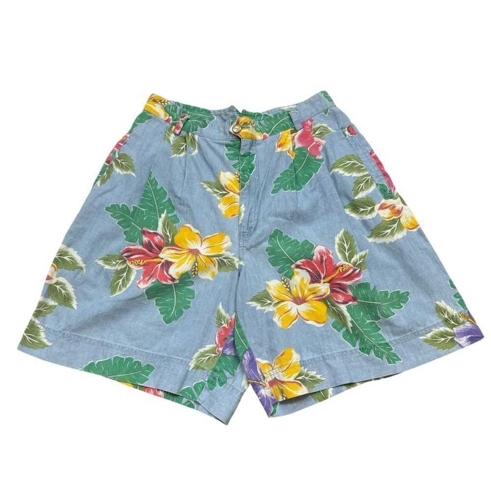 Ladies Vintage 1980’s LizWear Brand Light Blue Tropical Floral Print Shorts 12